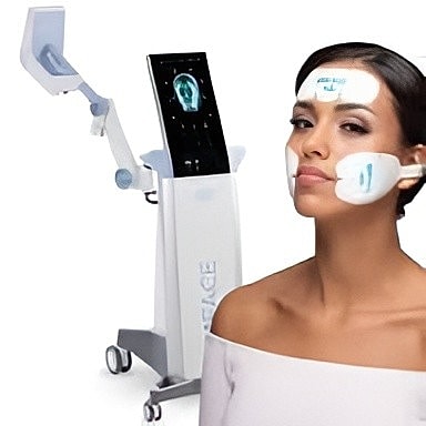 Woman receiving facial treatment with medical device.